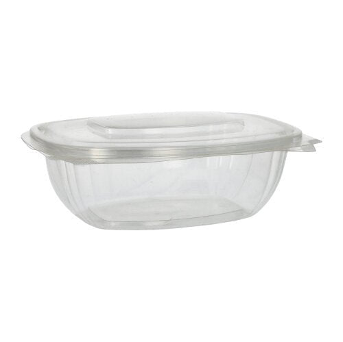Cele 50 de boluri pentru delicatese și salate cu capace rabatabile, PLA „pure” clar ca sticla de la PAPSTAR GmbH sunt recipiente alimentare clare, dreptunghiulare, prietenoase cu mediul, cu capac transparent, prezentate pe un fundal alb simplu.