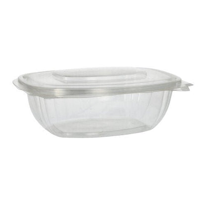 Cele 50 de boluri pentru delicatese și salate cu capace rabatabile, PLA „pure” clar ca sticla de la PAPSTAR GmbH sunt recipiente alimentare clare, dreptunghiulare, prietenoase cu mediul, cu capac transparent, prezentate pe un fundal alb simplu.