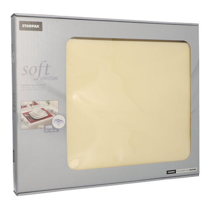 O cutie de seturi de masă Starpak Soft Selection din Vlies asemănător cu material textil conține 100 de seturi crem, cu dimensiunea de 30 x 40 cm. Ambalajul parțial transparent arată detalii – ideale pentru decorațiuni de masă elegante sau șervețele potrivite.