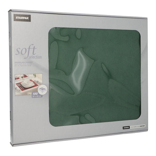 O cutie de seturi de masă Starpak 100, asemănătoare cu material textil, Vlies „Soft Selection“ (30 x 40 cm), dispune de o fereastră transparentă și o fotografie a unei decorațiuni de masă elegante pe partea frontală.
