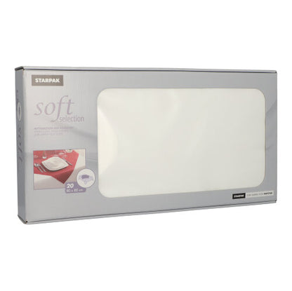 Starpak 20 de fețe de masă „soft selection“, asemănătoare cu materialul textil, din fibră (80x80 cm), vin într-o cutie predominant gri cu o fereastră mare transparentă, prin care sunt vizibile șervețelele albe; ideal pentru gastronomie, cu informații despre produs pe partea din față.