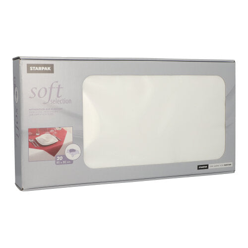 Cutia Starpak „Soft Selection“ conține 20 de fețe de masă albe, asemănătoare cu materialul textil, din fibră (80 x 80 cm), vizibile printr-o fereastră transparentă - ideal pentru gastronomie.