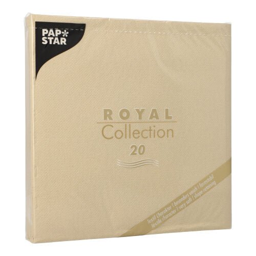 Un pachet bej PAPSTAR de 20 de șervețele "ROYAL Collection" 1/4-pliere (40x40cm) de la PAPSTAR GmbH cu text auriu și etichetă neagră în colțul din stânga sus - ideal pentru o decorare elegantă a mesei.