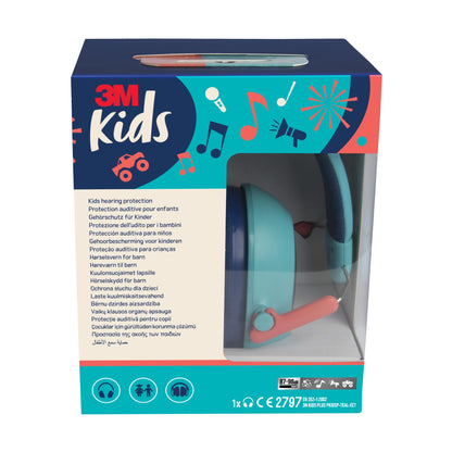 Ein verpackter 3M™ Gehörschutz für Kinder PKIDSP-TEAL-E (türkis, 87-98 dB) von 3M Deutschland GmbH wird in einer Verpackung mit bunten Grafiken, Musiknoten und mehrsprachigen Produktinformationen auf der Vorderseite gezeigt.