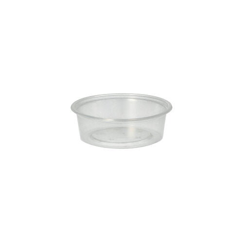 Der Starpak 50 Dressingbecher, PP rund Ø 7,1 cm transparent, ist ein klarer, runder Dressingbecher mit flachem Boden und abgewinkelten Seiten – perfekt für den Catering-Service.