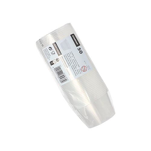 Eine Packung mit 50 Starpak Dressingbechern (PP, rund, Ø 7,1 cm, transparent) ist gestapelt und in durchsichtigen Kunststoff eingewickelt, mit einem weißen Etikett mit Produktdetails und Barcode – perfekt für Catering-Services oder zur Verwendung als Dressingbecher.