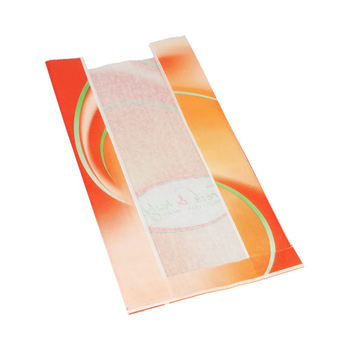 Un sac de vizualizare Starpak alb „Fresh & Tasty” (33 x 16 x 8,7 cm) cu un design portocaliu-galben își arată conținutul printr-o fereastră centrală transparentă. Pachetul conține 1000 de pungi în folie termocontractabilă.