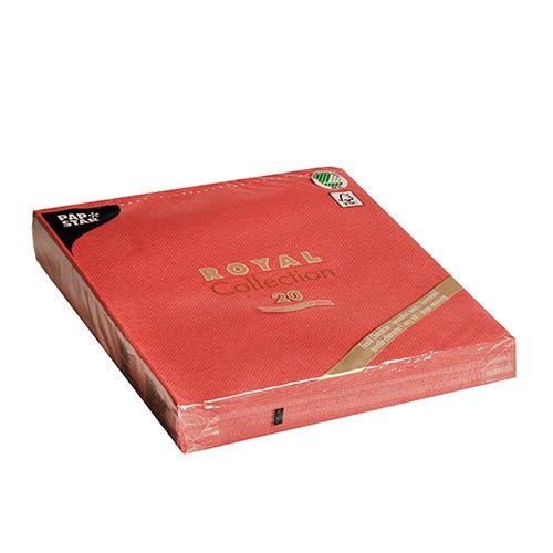 Un pachet sigilat PAPSTAR GmbH de 20 de șervețele "ROYAL Collection" 1/4-pliere (40x40 cm), cu inscripție aurie și clapetă neagră în colț, ideal pentru decorarea stilată a mesei, prezentat pe un fundal alb.