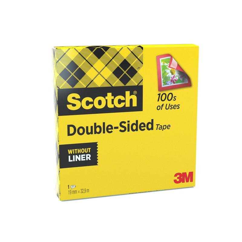 O cutie galbenă Scotch® bandă dublu adezivă (1 rolă, 19 mm x 33 m) de la 3M Deutschland GmbH, etichetată "fără suport" și "100s of Uses", ideală pentru necesități de bricolaj. Partea frontală arată banda care ține o imagine.