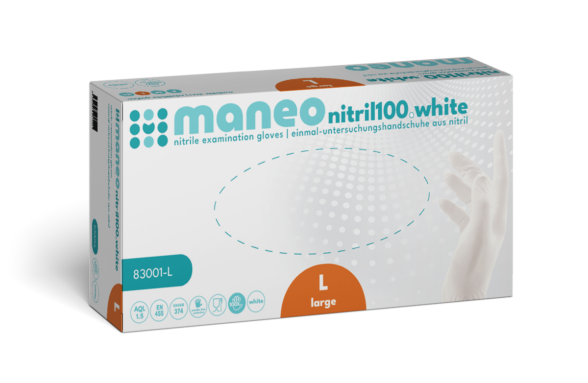 Eine rechteckige Schachtel mit MANEO Nitril-Handschuhen, hygienisch und strapazierfähig von ARNOWA GmbH. Die überwiegend weiße Großformatschachtel weist blaue und orangefarbene Akzente, Produktdetails und Abbildungen einer Hand und eines Handschuhs auf.