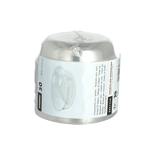 Un teanc de 50 de inserții rotunde Starpak PET „Hurricane“ (Ø 9 cm, 2,2 cm) în folie clară cu etichetă albă. Ideal ca inserții de unică folosință sau PET pentru multe ocazii. Marcă: Starpak.