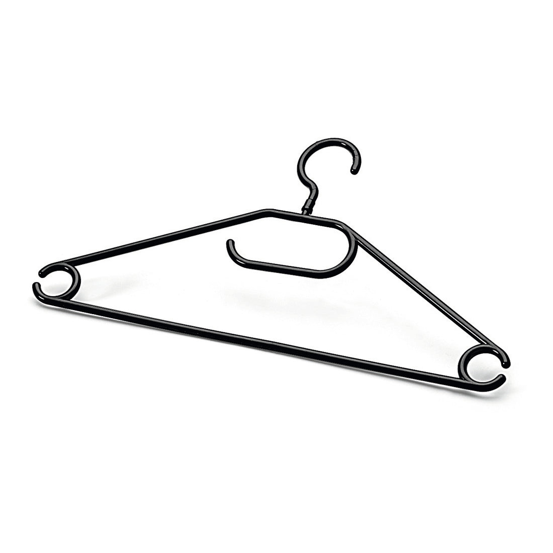 Ein schwarzer 42 cm langer Kunststoff-Kleiderbügel mit abgerundeten Enden, runden Haken und einem kleineren Haken aus dem Nölle Profi Brush Vielzweckbügel 6er Set von Nölle Profi Brush Bürsten- & Pinseltechnik e.K. - ideal, um mehrere Gegenstände effizient aufzuhängen.