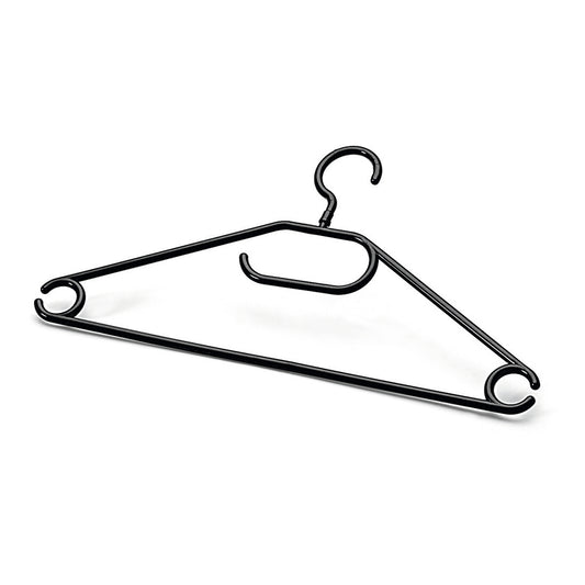 Ein schwarzer 42 cm langer Kunststoff-Kleiderbügel mit abgerundeten Enden, runden Haken und einem kleineren Haken aus dem Nölle Profi Brush Vielzweckbügel 6er Set von Nölle Profi Brush Bürsten- & Pinseltechnik e.K. - ideal, um mehrere Gegenstände effizient aufzuhängen.