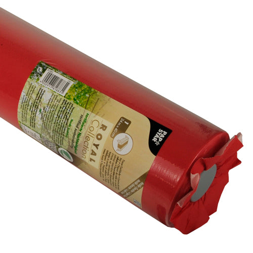 Un prim-plan al unui șervet de masă rulat PAPSTAR, șervețel „ROYAL Collection“ 24 m x 40 cm de la PAPSTAR GmbH, ambalat într-un ambalaj transparent cu o etichetă maro-verde cu text și simboluri.