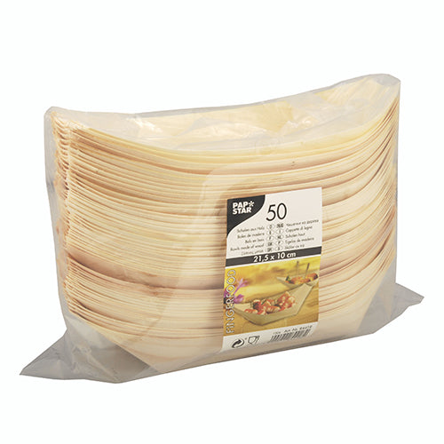 Eine versiegelte Packung mit 50 ovalen PAPSTAR Holz „pure“ Schiffchen-Tellern (21,5 x 10 cm) aus umweltfreundlichem Leichtholz zeigt die Marke, Menge und Größe der PAPSTAR GmbH – ideal zum Servieren von Fingerfood bei jeder Veranstaltung.