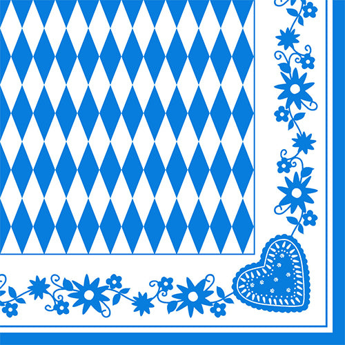 Șervețelele PAPSTAR 1/4-Falz, 40x40 cm, Bayrisch Blau (3 straturi) prezintă un model de romb albastru-alb cu margini florale albastre și un motiv de inimă. Disponibil în pachet de 50 la PAPSTAR GmbH.