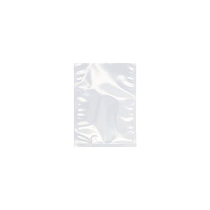 Un plic Starpak 100 cu margine sigilată, PA/PE transparent de la Starpak este centrat pe un fundal alb. Punga sigilată, ușor reflectorizantă, este ideală ca pungă de vidat pentru alimente sau pentru utilizare cu un aparat de vidat cu cameră. Sunt vizibile ușoare cute și textură.