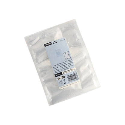 O pungă sigilată Starpak 100 Siegelrandbeutel, PA/PE transparent, este prezentată de sus cu etichetă vizibilă - un ambalaj clar ideal pentru utilizarea cu un aparat de vidat cu cameră la vidarea alimentelor.