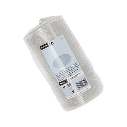 Un pachet de plastic sigilat cu 50 de capace de unică folosință Starpak „Hurricane” din PET, rotunde și transparente, cu etichetă albă cu informații, instrucțiuni de utilizare, simboluri de reciclare și cod de bare - ideal pentru utilizare în deplasare.