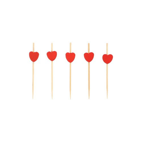 Fünf PAPSTAR 100 Fingerfood - Picker der PAPSTAR GmbH sind auf weißem Hintergrund aufgereiht, jeweils mit einem kleinen roten Herz am oberen Rand.