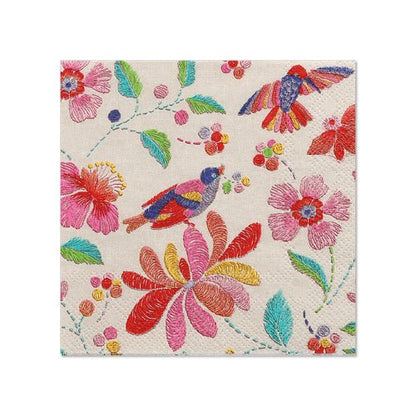 PAPSTAR 20 de șervețele, 25x25 cm, 3 straturi de la PAPSTAR GmbH: Șervețele colorate cu motive brodate de păsări și flori în roșu, roz, verde, galben și albastru pe un fundal deschis – ideale pentru o decorare stilată a mesei.
