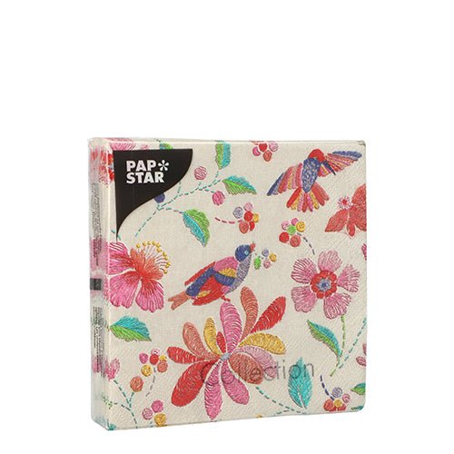 Un pachet de 20 de șervețele PAPSTAR în 3 straturi (25 x 25 cm, 1/4 pliere) ale PAPSTAR GmbH cu motive colorate de flori și păsări pe alb – ideal pentru o decorare stilată a mesei.