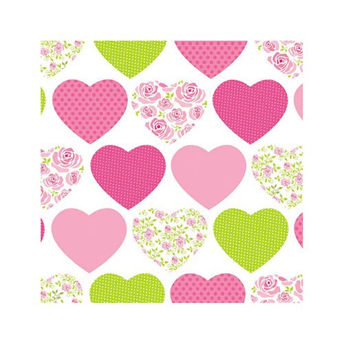 Un model de inimioare fermecător în roz, verde și alb – cu desene florale și punctate – împodobește aceste PAPSTAR 20 de șervețele, 25 cm x 25 cm, 3 straturi, de la PAPSTAR GmbH.