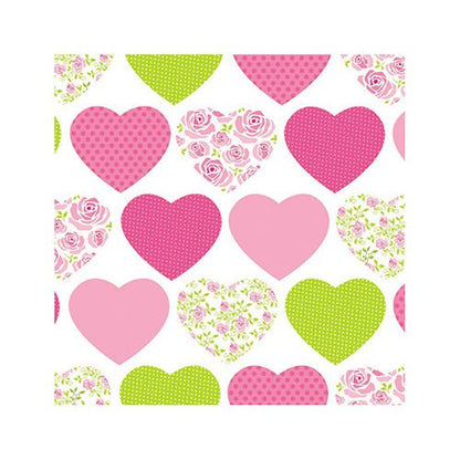 Un model de inimioare fermecător în roz, verde și alb – cu desene florale și punctate – împodobește aceste PAPSTAR 20 de șervețele, 25 cm x 25 cm, 3 straturi, de la PAPSTAR GmbH.