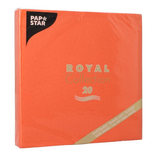 Un pachet PAPSTAR de 20 de șervețele "ROYAL Collection" 1/4-pliere 40x40 cm de la PAPSTAR GmbH, cu detalii despre produs în auriu pe ambalajul premium tip țesătură.