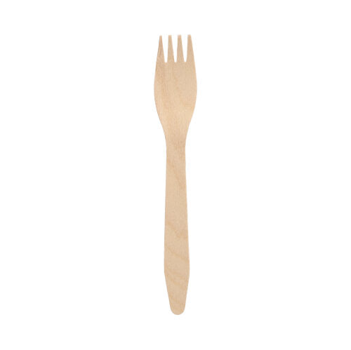 O furculiță PAPSTAR din lemn FSC® "pure", ecologică (16,5 cm), de la PAPSTAR GmbH, este plasată central pe un fundal alb.