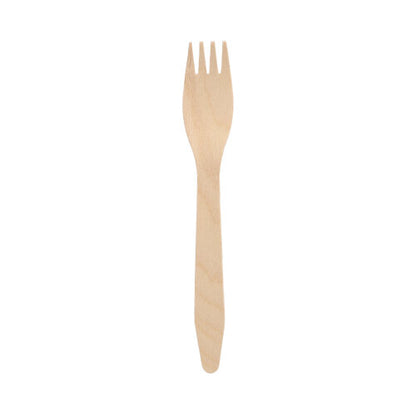 O furculiță PAPSTAR din lemn FSC® "pure", ecologică (16,5 cm), de la PAPSTAR GmbH, este plasată central pe un fundal alb.