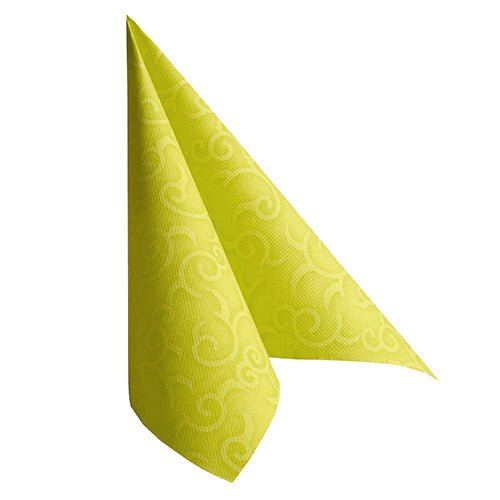 Un singur șervețel verde PAPSTAR "ROYAL Collection" 1/4 pliat 40 x 40 cm de la PAPSTAR GmbH este pliat vertical într-o formă de con pe un fundal alb - perfect pentru ocazii festive.
