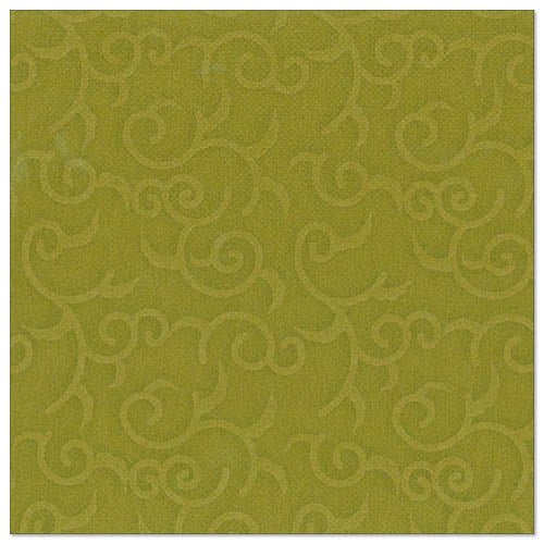 Un șervețel pătrat, texturat, verde măsliniu, din colecția ROYAL a PAPSTAR GmbH (40x40 cm, 1/4 pliat) cu un model discret, ridicat, de arabescuri care se distribuie uniform pe suprafață. Pachetul conține 50 de șervețele.