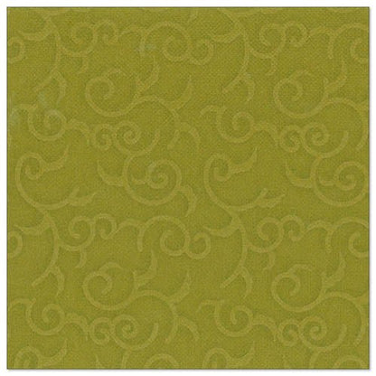 Un șervețel pătrat, texturat, verde măsliniu, din colecția ROYAL a PAPSTAR GmbH (40x40 cm, 1/4 pliat) cu un model discret, ridicat, de arabescuri care se distribuie uniform pe suprafață. Pachetul conține 50 de șervețele.