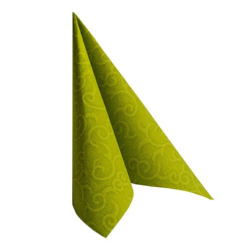 Un șervețel verde pliat PAPSTAR GmbH "ROYAL Collection" 40 x 40 cm (1/4 pliat) stă vertical într-o formă triunghiulară pe un fundal alb.