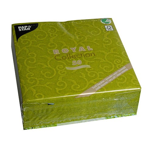 Un pachet cu 50 de șervețele PAPSTAR "ROYAL Collection" 1/4 pliat, 40 x 40 cm în verde de la PAPSTAR GmbH este livrat într-un ambalaj transparent care afișează marca și detaliile produsului pe partea frontală.