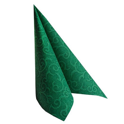 Șervețelul verde "ROYAL Collection" al PAPSTAR GmbH (40 x 40 cm, 1/4 pliat) cu un model embosat de spirale este pliat vertical într-un triunghi pe un fundal alb - ideal pentru ocazii festive.