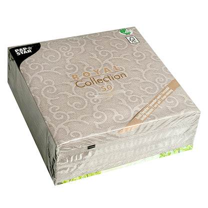 Eine versiegelte Packung mit 50 grauen PAPSTAR "ROYAL Collection" Servietten (40x40 cm, 1/4-Faltung) der PAPSTAR GmbH - ideal für den elegant gedeckten Tisch.