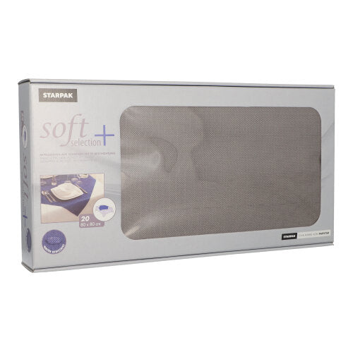 Eine rechteckige Box mit 20 stoffähnlichen Mitteldecken aus Vlies „Soft Selection Plus“ von Starpak (80 x 80 cm) verfügt über ein transparentes Fenster, durch das die weichen Servietten im Inneren sichtbar sind. Die überwiegend graue Verpackung hebt das Soft Selection Plus-Logo und die Details hervor.