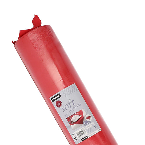 Eine Rolle roter Starpak-Tischdecke, stoffähnlicher Vliesstoff „Soft Selection“, ist leicht schräg auf weißem Hintergrund abgebildet. Die Verpackung zeigt die Marke Starpak sowie Produktdetails und hebt die stoffähnliche Textur hervor.