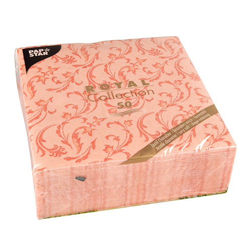 Un pachet cu 50 de șervețele "ROYAL Collection" de la PAPSTAR GmbH (40x40 cm, 1/4 pliat) în nectarină cu model floral, ambalat în plastic. Eticheta arată "ROYAL Collection 50" și logo-ul șervețelelor PAPSTAR în colțul din stânga sus.