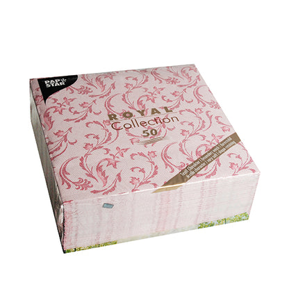 Un pachet cu 50 de șervețele PAPSTAR "ROYAL Collection" 1/4-pliu, 40x40 cm, în bordo de la PAPSTAR GmbH. Ambalajul pătrat evidențiază designul elegant al șervețelului din interior.
