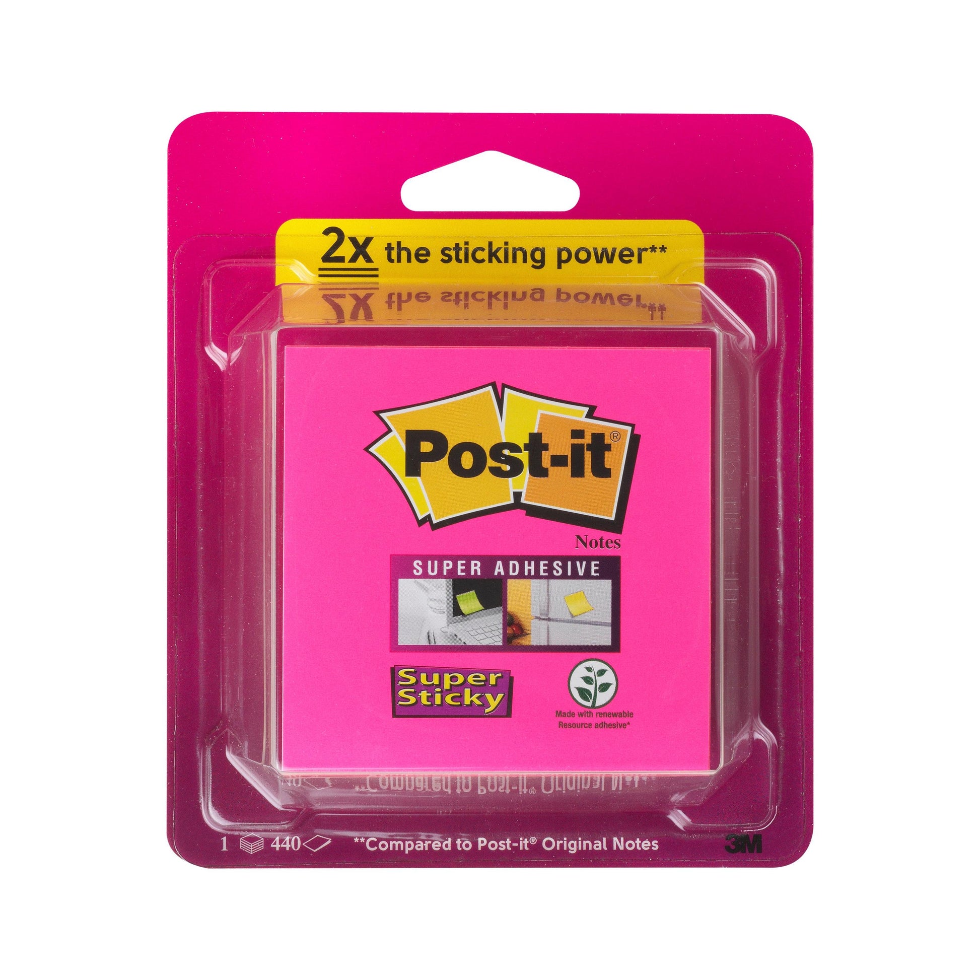 Eine Packung Post-it® Super Sticky Würfel, 440 Blatt (76 x 76 mm), von 3M Deutschland GmbH, mit "2-facher Klebekraft", leuchtenden Farben, pflanzlichem Klebelogo und 100% PEFC-Zertifizierung.