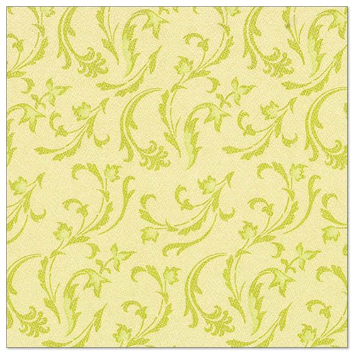 Șervețele galben deschis cu un model repetitiv de frunze verzi și flori, inspirate de cele 50 de șervețele "ROYAL Collection" 1/4 pliat 40 x 40 cm verde ale PAPSTAR GmbH, oferă o notă decorativă elegantă.