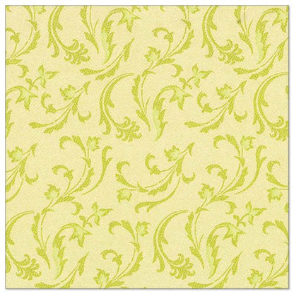 Șervețele galben deschis cu un model repetitiv de frunze verzi și flori, inspirate de cele 50 de șervețele "ROYAL Collection" 1/4 pliat 40 x 40 cm verde ale PAPSTAR GmbH, oferă o notă decorativă elegantă.