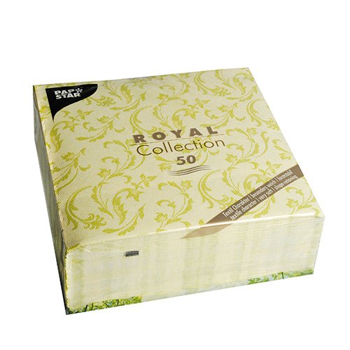Un pachet cu 50 de șervețele verzi PAPSTAR "ROYAL Collection" (40 x 40 cm, 1/4 pliat), ideal pentru ocazii festive. Ambalajul afișează logo-ul negru PAPSTAR în colțul din stânga sus. Marca: PAPSTAR GmbH.