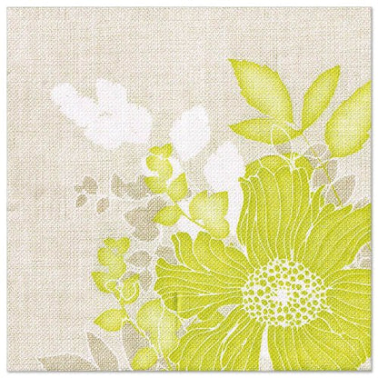 Un fundal bej texturat cu o floare mare galben-verde și accente mai mici alb-verzi, ideal pentru PAPSTAR 50 șervețele "ROYAL Collection" 1/4 pliere 40 x 40 cm verde de la PAPSTAR GmbH.