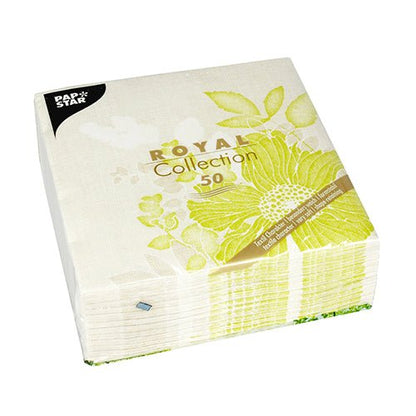 Un pachet cu 50 de șervețele PAPSTAR GmbH "ROYAL Collection" 1/4 pliere, 40 x 40 cm, în verde - perfect pentru ocazii festive și frumos ambalat.