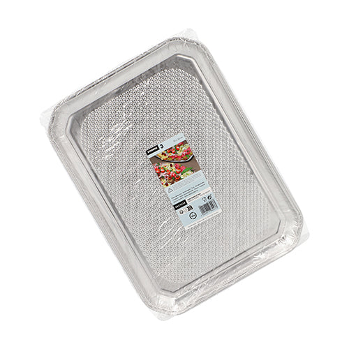 Starpak 3 Servierplatten, Alu: Eine Packung mit drei rechteckigen Einweg-Aluminiumplatten von Starpak, in Plastik eingewickelt und mit einer beschrifteten Verpackung mit einem appetitlichen Lebensmittelbild für eine elegante Präsentation.