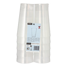 Das Produkt „Starpak 10 Mehrweg-Trinkbecher“ der Marke Starpak zeigt zehn stapelbare, langlebige Becher aus klarem Kunststoff in umweltfreundlicher Verpackung mit blau-weißem Etikett stehend angeordnet.